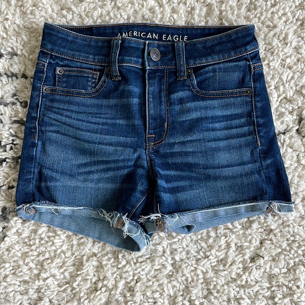 American Eagle Dark Wash Next Level Stretch High Rise  Midi Denim Shorts